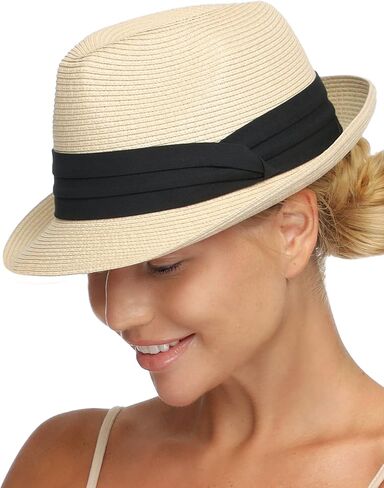 FURTALK Fedora Straw Sun Hat for Men Women Foldable Roll Up Short Brim Trilby Hat Panama Beach Hat UPF 50+ in Kuwait