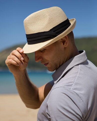 FURTALK Fedora Straw Sun Hat for Men Women Foldable Roll Up Short Brim Trilby Hat Panama Beach Hat UPF 50+ in Kuwait