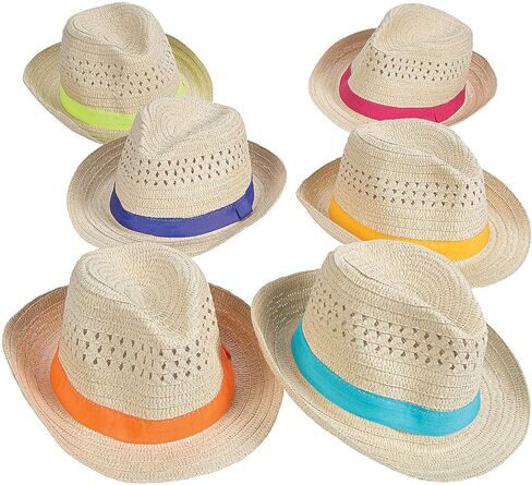 Fun Express Fedora Hats with Colorful Band - Set of 12 Party Hats for Men and Women - Pool, Beach and Cuban Party Supplies in Saudi Arabia