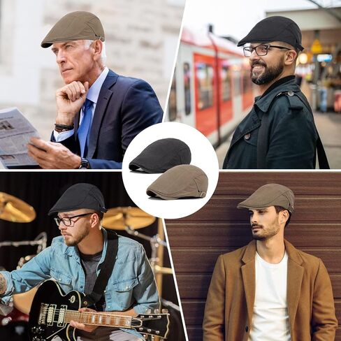 Qossi 2 Pack Newsboy Hats for Men Flat Cap Cotton Adjustable Breathable Irish Cabbie Ivy Driving Hunting Hat in Kuwait