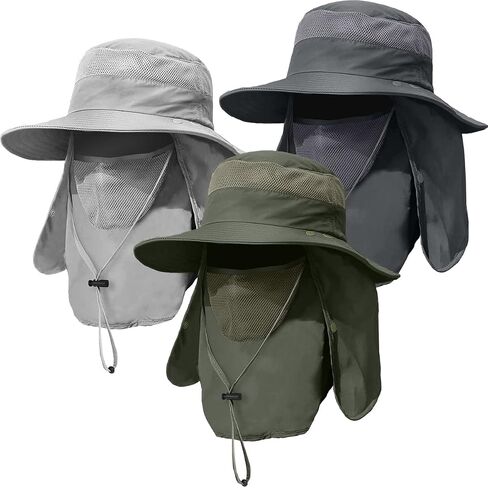 3 Pack Mens Outdoor Wide Brim Fishing Hat,UPF 50+ Sun Protection Cap with Face Neck Flap for Hiking & Garden in Kuwait