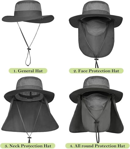 2 Pieces Men's Wide Brim Fishing Hat Outdoor UPF 50+ Sun Protection Removable Face and Neck Flap in Kuwait