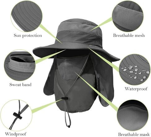 2 Pieces Men's Wide Brim Fishing Hat Outdoor UPF 50+ Sun Protection Removable Face and Neck Flap in Kuwait