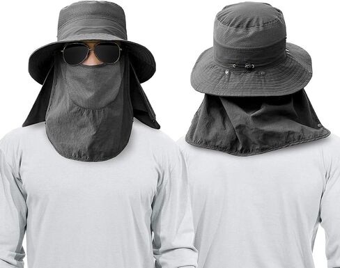 2 Pieces Men's Wide Brim Fishing Hat Outdoor UPF 50+ Sun Protection Removable Face and Neck Flap in Kuwait