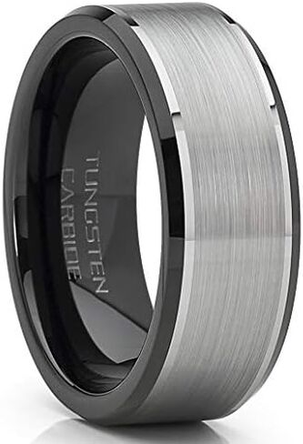 Metal Masters Co. Men's Tungsten Carbide Wedding Band Flat Top Brushed Two Tone Black Ring 8mm in Saudi Arabia