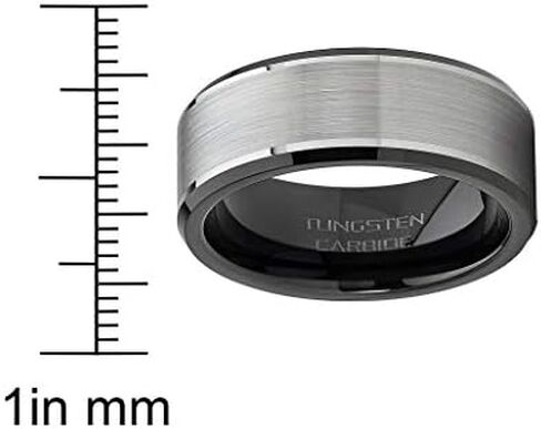 Metal Masters Co. Men's Tungsten Carbide Wedding Band Flat Top Brushed Two Tone Black Ring 8mm in Saudi Arabia
