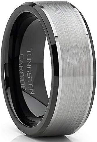 Metal Masters Co. Men's Tungsten Carbide Wedding Band Flat Top Brushed Two Tone Black Ring 8mm in Saudi Arabia