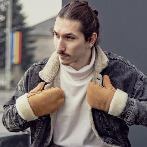 Harssidanzar Men Leather Mittens,Genuine Suede Leather Sheepskin Shearling Mittens Gloves Fur Cuff KM044US in Kuwait
