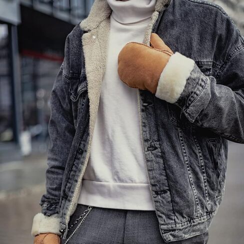 Harssidanzar Men Leather Mittens,Genuine Suede Leather Sheepskin Shearling Mittens Gloves Fur Cuff KM044US in Kuwait