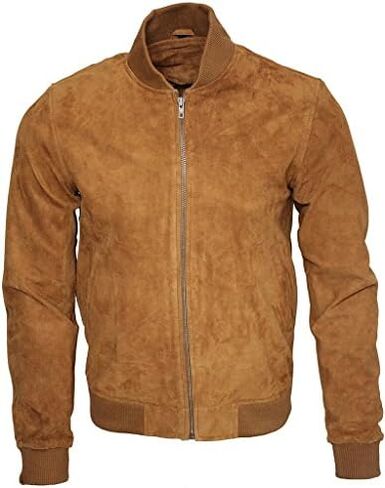 Infinity Mens Retro Tan Goat Suede Leather Bomber Varsity Jacket in Saudi Arabia