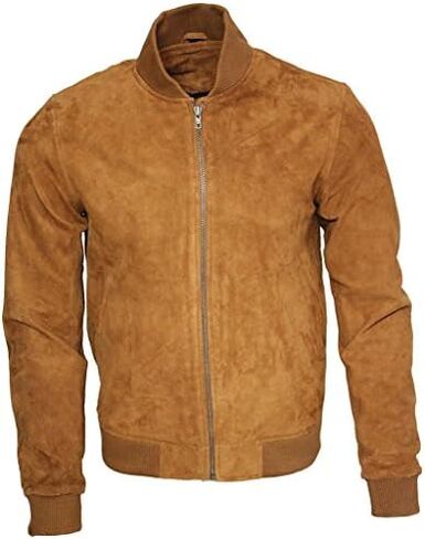 Infinity Mens Retro Tan Goat Suede Leather Bomber Varsity Jacket in Saudi Arabia