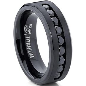Metal Masters Co. Men's Black Titanium Ring Wedding Engagement Band with 9 Large Channel Set Black CZ, 8mm in Saudi Arabia