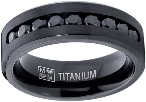 Metal Masters Co. Men's Black Titanium Ring Wedding Engagement Band with 9 Large Channel Set Black CZ, 8mm in Saudi Arabia