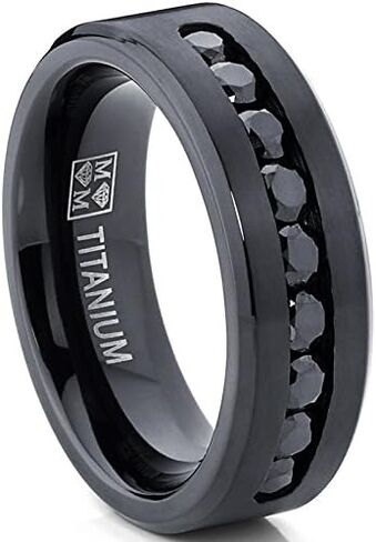 Metal Masters Co. Men's Black Titanium Ring Wedding Engagement Band with 9 Large Channel Set Black CZ, 8mm in Saudi Arabia