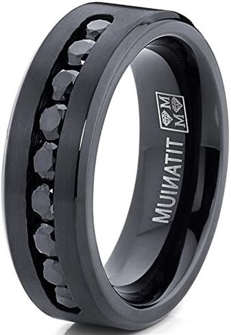 Metal Masters Co. Men's Black Titanium Ring Wedding Engagement Band with 9 Large Channel Set Black CZ, 8mm in Saudi Arabia