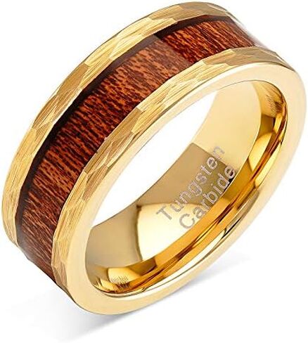100S JEWELRY Tungsten Rings For Men Gold Wedding Band Hammered Forged Wood Inlaid Sizes 8-15 in Saudi Arabia