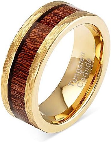 100S JEWELRY Tungsten Rings For Men Gold Wedding Band Hammered Forged Wood Inlaid Sizes 8-15 in Saudi Arabia