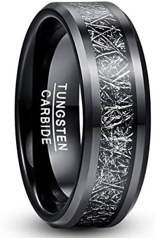 TUNGSTORY 8mm Men's Black Tungsten Carbide Wedding Band Rings with Imitated Meteorite Inlay Beveled Edge Comfort Fit Size 7-12 in Saudi Arabia