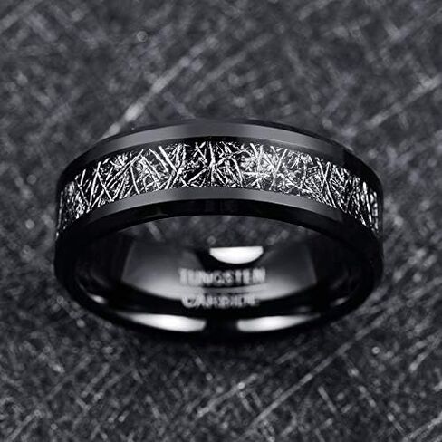 TUNGSTORY 8mm Men's Black Tungsten Carbide Wedding Band Rings with Imitated Meteorite Inlay Beveled Edge Comfort Fit Size 7-12 in Saudi Arabia