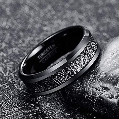 TUNGSTORY 8mm Men's Black Tungsten Carbide Wedding Band Rings with Imitated Meteorite Inlay Beveled Edge Comfort Fit Size 7-12 in Saudi Arabia