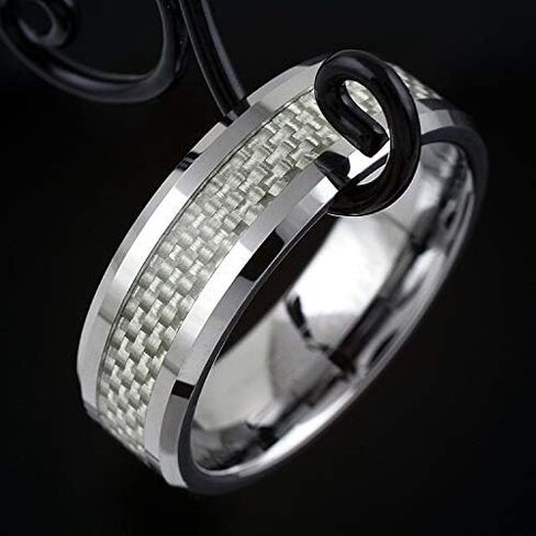 King's Cross Dazzling 6mm/8mm Mirror Polished Silver Tungsten Carbide Band Ring with Silver & White Faux Carbon Fiber Inlay and Beveled Edges feat. Comfort Fit Inner Band. in Saudi Arabia