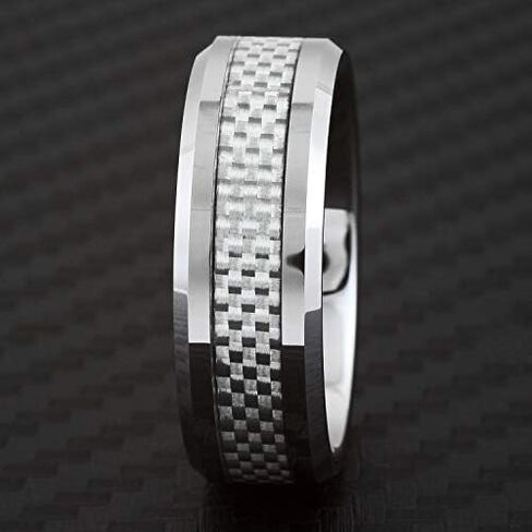 King's Cross Dazzling 6mm/8mm Mirror Polished Silver Tungsten Carbide Band Ring with Silver & White Faux Carbon Fiber Inlay and Beveled Edges feat. Comfort Fit Inner Band. in Saudi Arabia