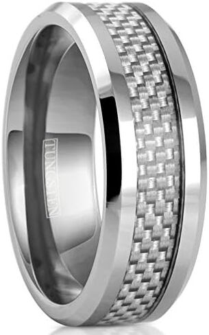 King's Cross Dazzling 6mm/8mm Mirror Polished Silver Tungsten Carbide Band Ring with Silver & White Faux Carbon Fiber Inlay and Beveled Edges feat. Comfort Fit Inner Band. in Saudi Arabia