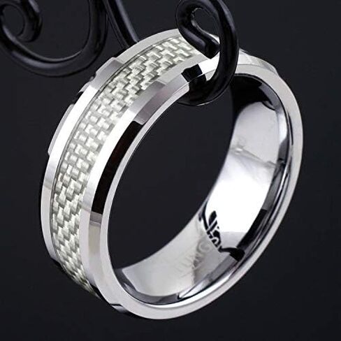 King's Cross Dazzling 6mm/8mm Mirror Polished Silver Tungsten Carbide Band Ring with Silver & White Faux Carbon Fiber Inlay and Beveled Edges feat. Comfort Fit Inner Band. in Saudi Arabia
