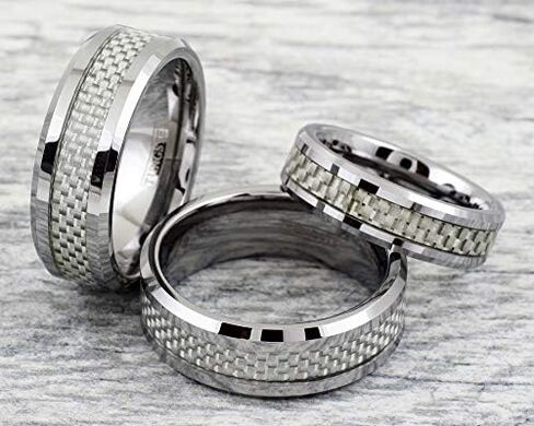 King's Cross Dazzling 6mm/8mm Mirror Polished Silver Tungsten Carbide Band Ring with Silver & White Faux Carbon Fiber Inlay and Beveled Edges feat. Comfort Fit Inner Band. in Saudi Arabia
