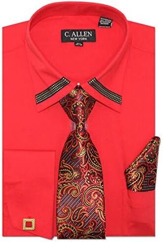 Men’s Regular Fit French Cuffs Metal Fabrication Dress Shirts with Tie Hanky Cufflinks Combo in Kuwait