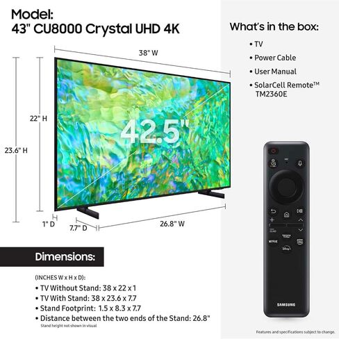 SAMSUNG 65-Inch Class Crystal UHD CU8000 Series PurColor, Object Tracking Sound Lite, Q-Symphony, Motion Xcelerator, Ultra Slim, Solar Remote, Smart TV with Alexa Built-in (UN65CU8000, 2023 Model) in Kuwait