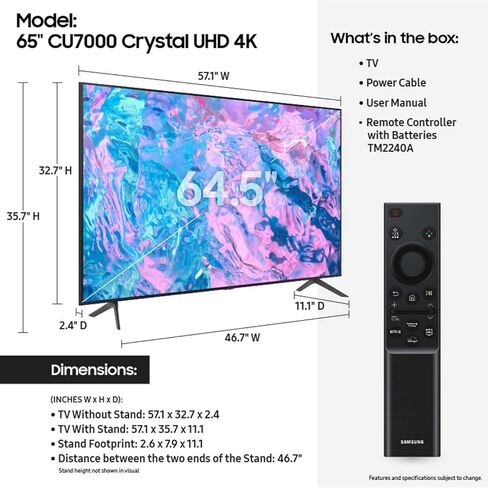 سامسونج فئة 50 بوصة UHD CU7000 Series PurColor، صوت تتبع الكائنات، Q-Symphony، ترقية 4K، HDR، مركز الألعاب، تلفزيون ذكي مع Alexa مدمج (UN50CU7000، موديل 2023) in Kuwait
