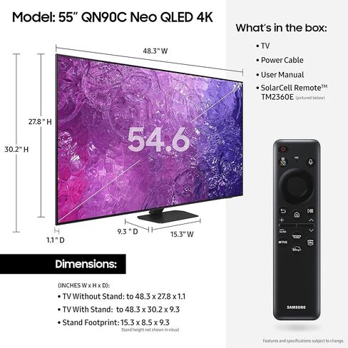 سامسونج فئة 43 بوصة Neo QLED 4K QN90C Series Neo Quantum HDR، Dolby Atmos، Object Tracking Sound Lite، مضاد للتوهج، مركز الألعاب، Q-Symphony، تلفزيون ذكي مع Alexa مدمج (QN43QN90C، موديل 2023) in Kuwait