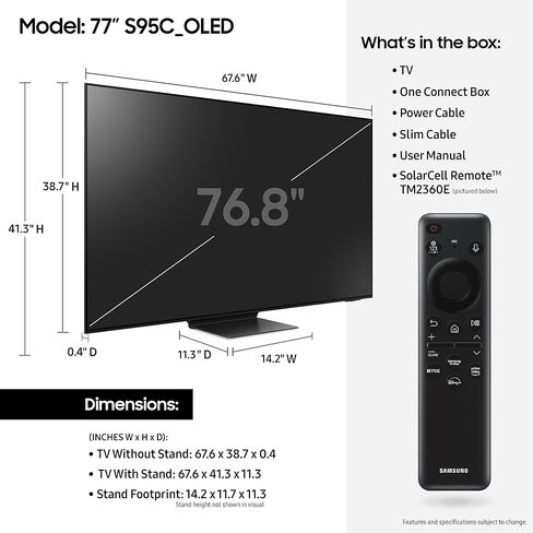 Samsung 77-Inch Class OLED 4K S95C Series Quantum HDR Smart TV w/Dolby Atmos, Object Tracking Sound+, Q Symphony, Motion Xcelerator Turbo Pro, Gaming Hub, Alexa Built-in (QN77S95C, 2023 Model) in Kuwait
