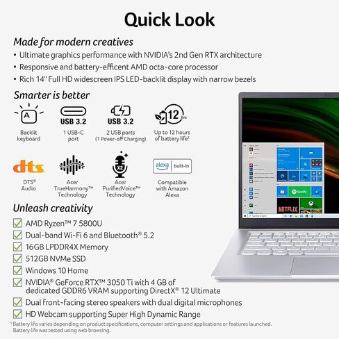كمبيوتر محمول Acer 2023 أحدث Swift X Creator، شاشة 14 بوصة FHD 100% sRGB، AMD Ryzen 7 5800U، NVIDIA RTX 3050Ti GPU، 16 جيجابايت LPDDR4X، 512 جيجابايت SSD، Wi-Fi 6، لوحة مفاتيح بإضاءة خلفية، Windows 10 Home، ذهبي in Saudi Arabia