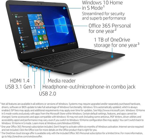 HP Stream 14-Inch Laptop, Intel Celeron N4000, 4 GB RAM, 64 GB eMMC, Windows 10 Home in S Mode (14-cb159nr, Jet Black) in Saudi Arabia