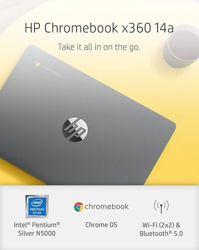 كمبيوتر محمول HP Chromebook x360 14a 2 في 1، معالج Intel Pentium Silver N5000، ذاكرة الوصول العشوائي 4 جيجابايت، 64 جيجابايت eMMC، شاشة HD 14 بوصة، نظام تشغيل Chrome مع كاميرا ويب وميكروفونات مزدوجة، العمل، اللعب، عمر بطارية طويل (14a-ca0022nr، 2021) in Kuwait