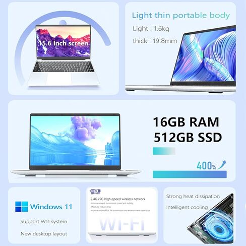 KUU Yepbook 15.6 بوصة كمبيوتر محمول 16 جيجابايت DDR4 RAM 512 جيجابايت SSD، معالج 11th Celeron N5095 مع أجهزة الكمبيوتر المحمولة Windows 11، شاشة FHD 1920x1080، لوحة مفاتيح بإضاءة خلفية، بلوتوث 4.2، كمبيوتر محمول يفتح ببصمة الإصبع in Kuwait