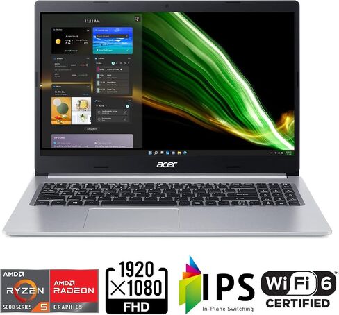 جهاز كمبيوتر محمول Acer Aspire 5 مقاس 15.6 بوصة FHD IPS رفيع وخفيف الوزن، 6 نوى AMD Ryzen 5 5500U AMD Radeon Graphics WiFi 6 لوحة مفاتيح بإضاءة خلفية USB Type-C عمر بطارية يصل إلى 11 ساعة Windows 11 مع لوحة ماوس (ذاكرة الوصول العشوائي 8 جيجابايت | 256 جيج in Saudi Arabia