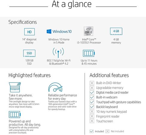 HP لابتوب 14 انش، الجيل العاشر انتل كور i3-1005G1، ذاكرة SDRAM 4GB، وسيط تخزين ذو حالة ثابتة 128GB، ويندوز 10 هوم في وضع S، اسود in Saudi Arabia