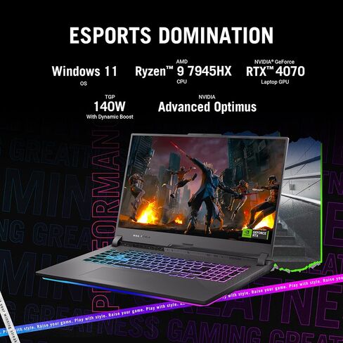 اسس لابتوب العاب روج ستريكس G17 (2023) بشاشة 17.3 انش QHD 240Hz وبطاقة عرض مرئي جيفورس RTX 4070 ومعالج AMD رايزن 9 7945HX، 16GB DDR5، 1TB PCIe SSD، واي فاي 6E، ويندوز 11، G713PI-DS94 in Saudi Arabia