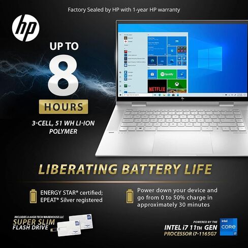 HP Envy 15T x360 Laptop i7-1165G7 11th Gen, 16 GB RAM, 1 TB SSD, 15.6" FHD Touch, Nvidia MX450 2GB, Tilt Pen, B&O Speakers, USB C, HDMI, Win 11 Pro, Silver, 64 GB Tech Warehouse Flash Drive in Saudi Arabia