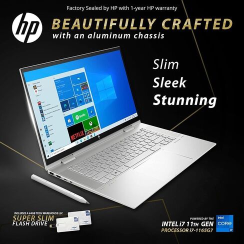 HP Envy 15T x360 Laptop i7-1165G7 11th Gen, 16 GB RAM, 1 TB SSD, 15.6" FHD Touch, Nvidia MX450 2GB, Tilt Pen, B&O Speakers, USB C, HDMI, Win 11 Pro, Silver, 64 GB Tech Warehouse Flash Drive in Saudi Arabia