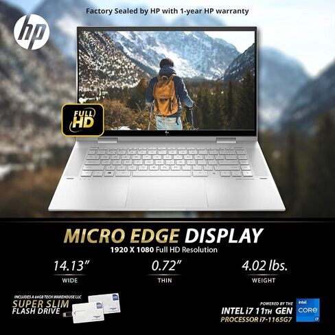 HP Envy 15T x360 Laptop i7-1165G7 11th Gen, 16 GB RAM, 1 TB SSD, 15.6" FHD Touch, Nvidia MX450 2GB, Tilt Pen, B&O Speakers, USB C, HDMI, Win 11 Pro, Silver, 64 GB Tech Warehouse Flash Drive in Saudi Arabia
