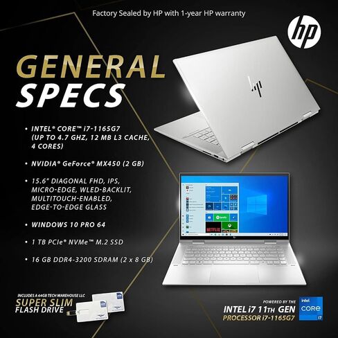 HP Envy 15T x360 Laptop i7-1165G7 11th Gen, 16 GB RAM, 1 TB SSD, 15.6" FHD Touch, Nvidia MX450 2GB, Tilt Pen, B&O Speakers, USB C, HDMI, Win 11 Pro, Silver, 64 GB Tech Warehouse Flash Drive in Saudi Arabia
