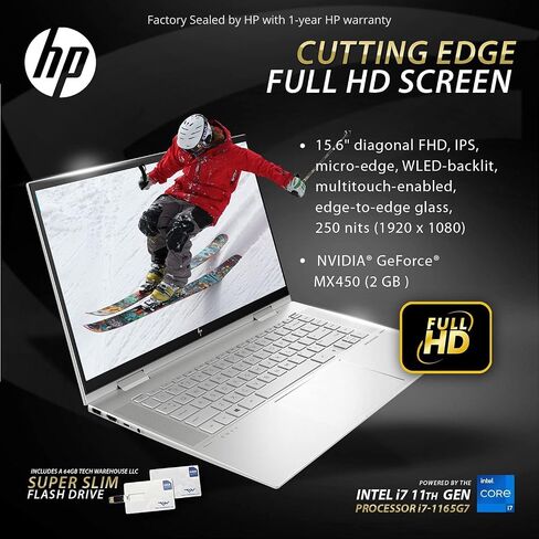 HP Envy 15T x360 Laptop i7-1165G7 11th Gen, 16 GB RAM, 1 TB SSD, 15.6" FHD Touch, Nvidia MX450 2GB, Tilt Pen, B&O Speakers, USB C, HDMI, Win 11 Pro, Silver, 64 GB Tech Warehouse Flash Drive in Saudi Arabia