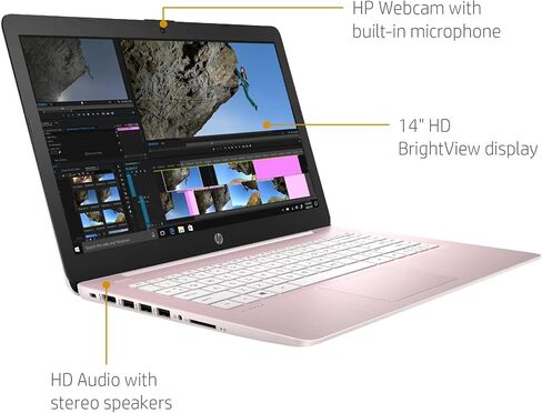 كمبيوتر محمول HP 14-cf2703ds مقاس 14 بوصة عالي الدقة (1366 × 768) Intel Celeron N4120، وIntel UHD Graphics 600، وذاكرة الوصول العشوائي DDR4 سعة 4 جيجابايت، وتخزين eMMC سعة 64 جيجابايت، ونظام التشغيل Windows 11 Home، باللون الوردي الوردي (متجدد) in Kuwait