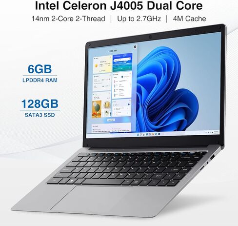 كمبيوتر محمول BiTECOOL Windows 11، كمبيوتر محمول خفيف الوزن بشاشة 14 بوصة عالية الدقة وذاكرة وصول عشوائي 6 جيجابايت و128 جيجابايت SSD Intel Celeron J4005 كمبيوتر محمول ثنائي النواة مع 2.4 جيجا واي فاي وبلوتوث وكاميرا ويب وعمر بطارية طويل in Kuwait