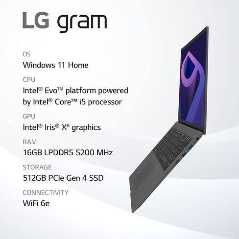 LG Gram (2022) 17Z90Q Ultra Lightweight Laptop, 17" (2560 x 1600) IPS Display, Intel Evo 12th Gen i5 1240P Processor, 16GB LPDDR5, 512GB NVMe SSD, FHD Webcam, WiFi 6E, Thunderbolt 4, Windows 11, Gray in Saudi Arabia