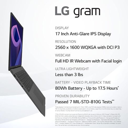 LG Gram (2022) 17Z90Q Ultra Lightweight Laptop, 17" (2560 x 1600) IPS Display, Intel Evo 12th Gen i5 1240P Processor, 16GB LPDDR5, 512GB NVMe SSD, FHD Webcam, WiFi 6E, Thunderbolt 4, Windows 11, Gray in Saudi Arabia